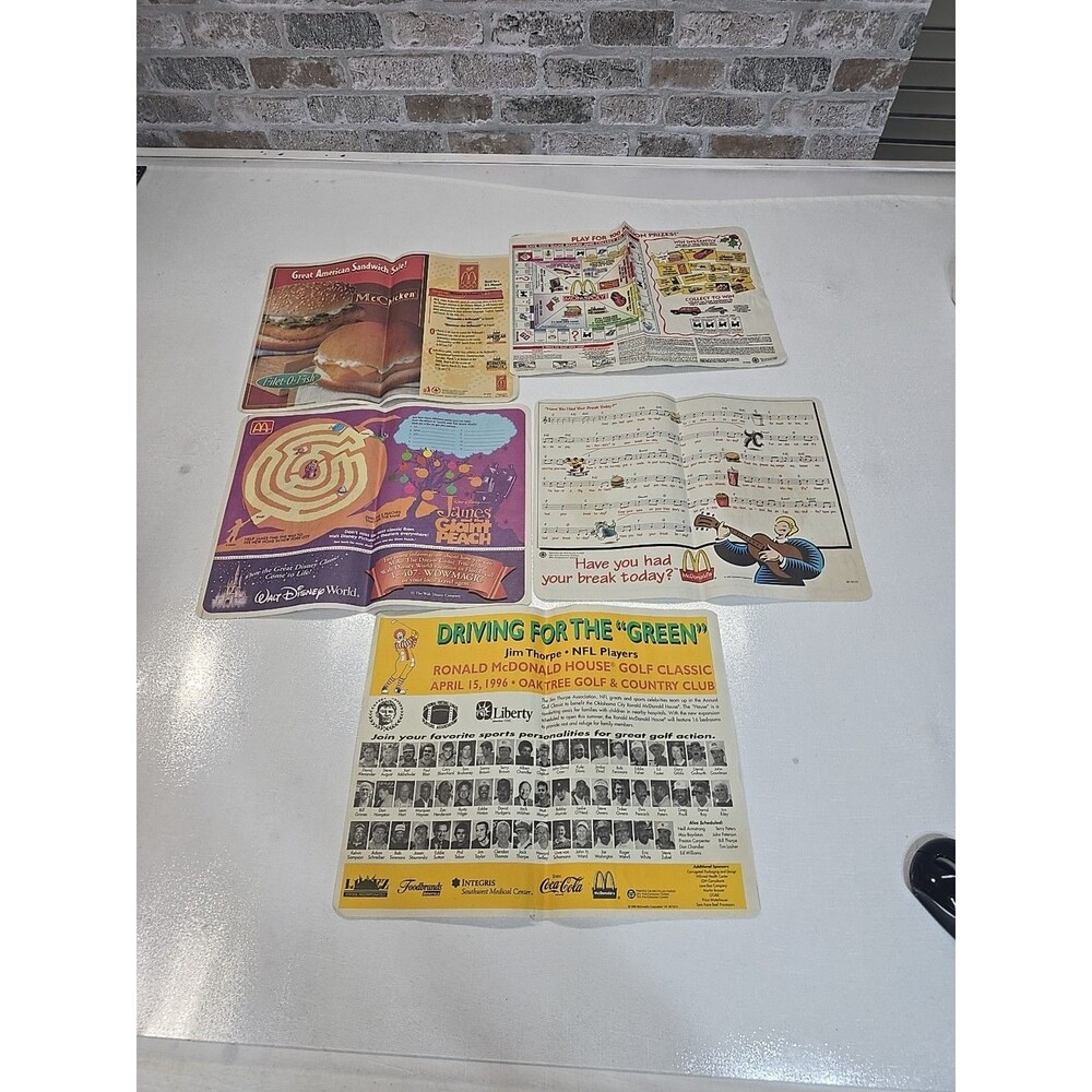 5 Vintage 90's McDonald’s Paper Placemat Tray Covers  **READ***